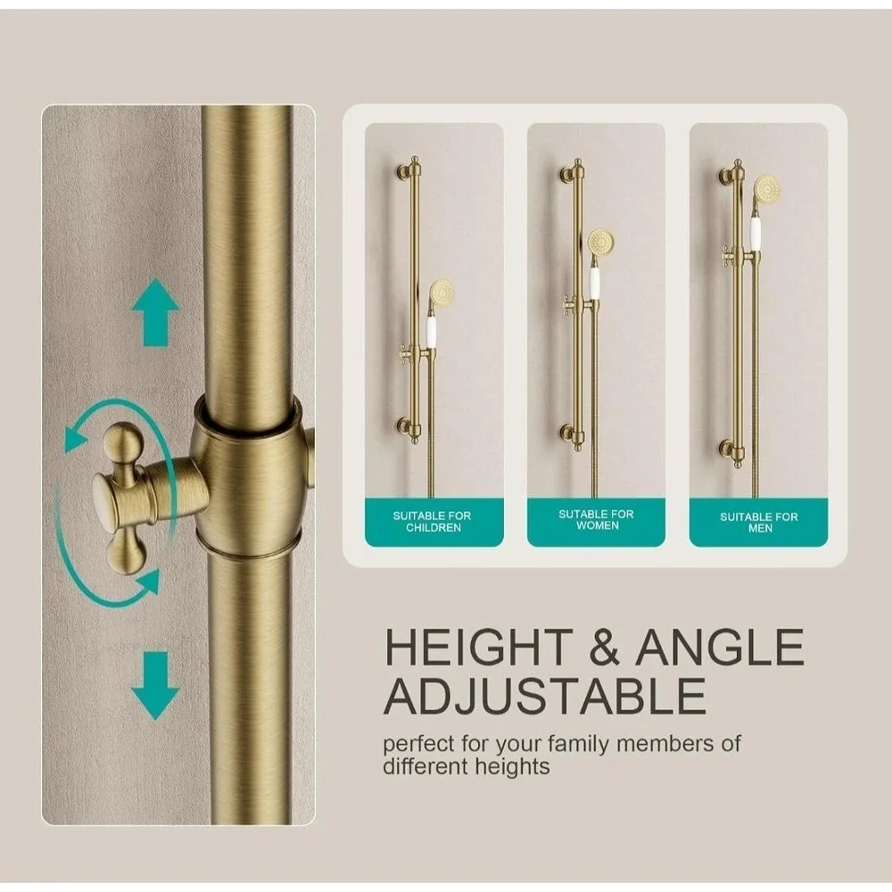 Auleend Brushed Gold Adjustable Slide Bar Shower System with Handheld Head